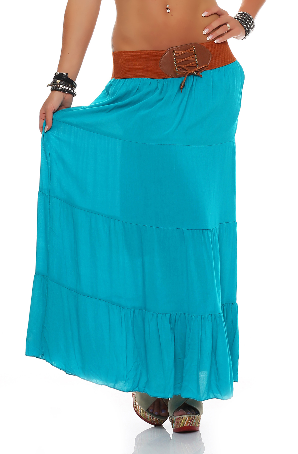 GURU SHOP Bestickter Hippierock - Türkiser Maxirock Für Damen Im Boho Style